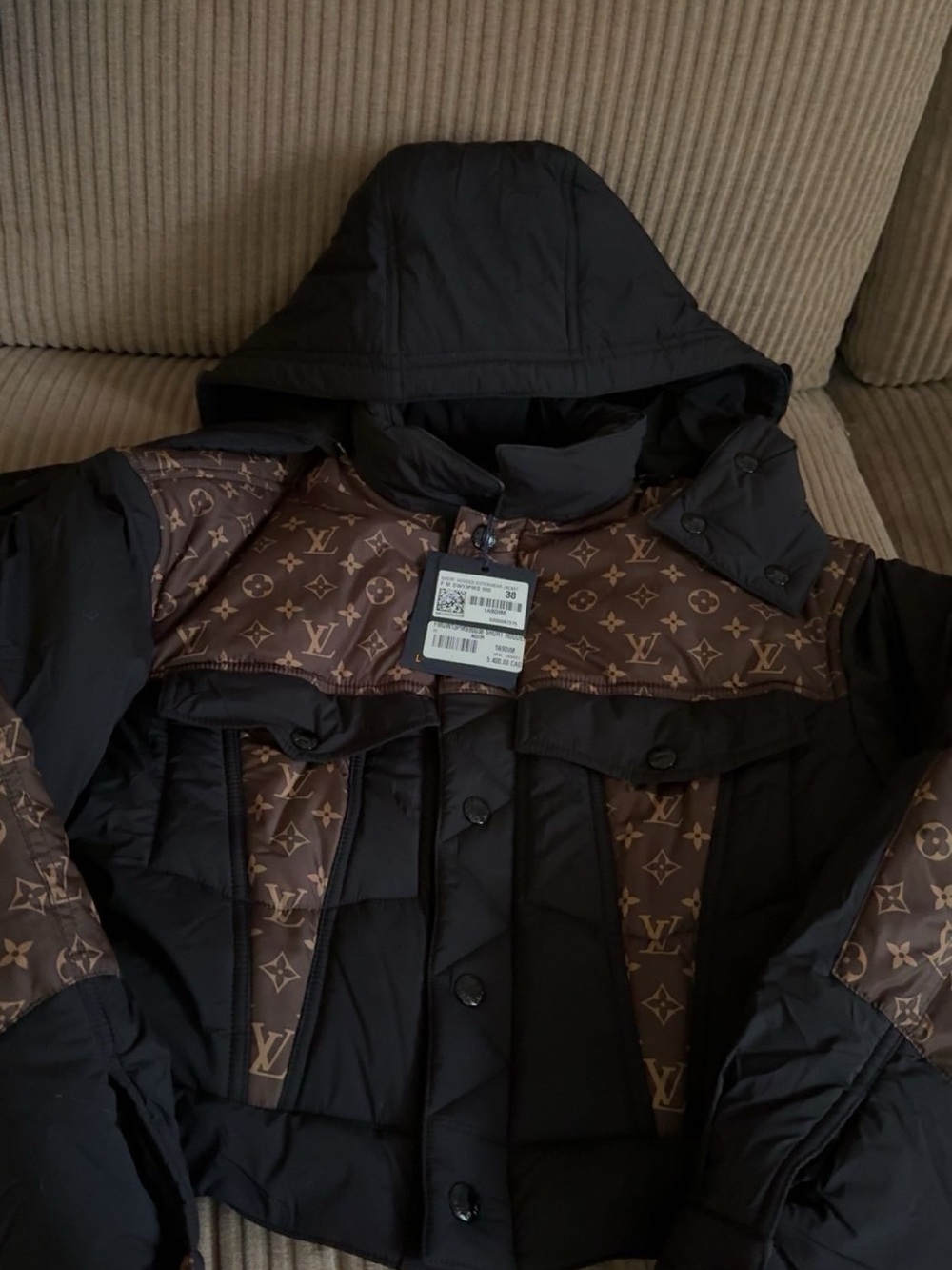 Louis Vuitton Black Puffer Jacket with Brown Monogram Panels